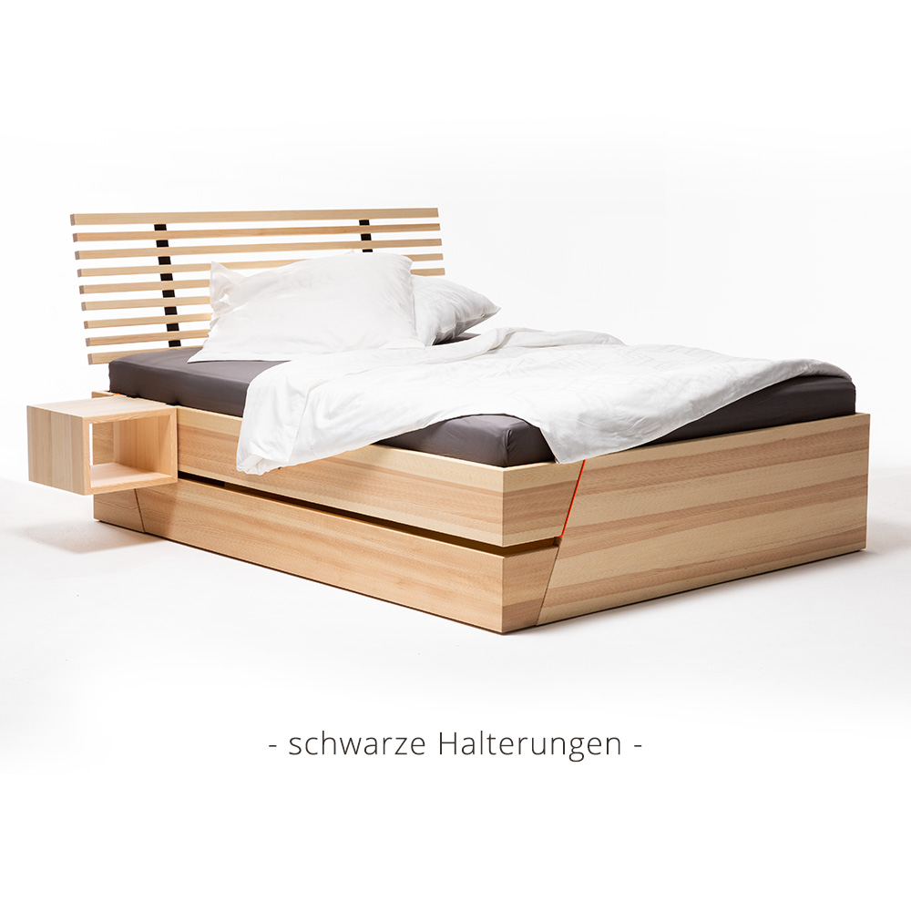 Kiezbett Stauraumbett Massivholz schwarze Halterungen Rückenlehne und  Nachttisch