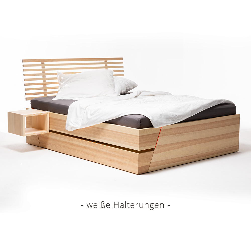 KIezbett Stauraumbett weiße Halterungen Rückenlehne und Nachttisch