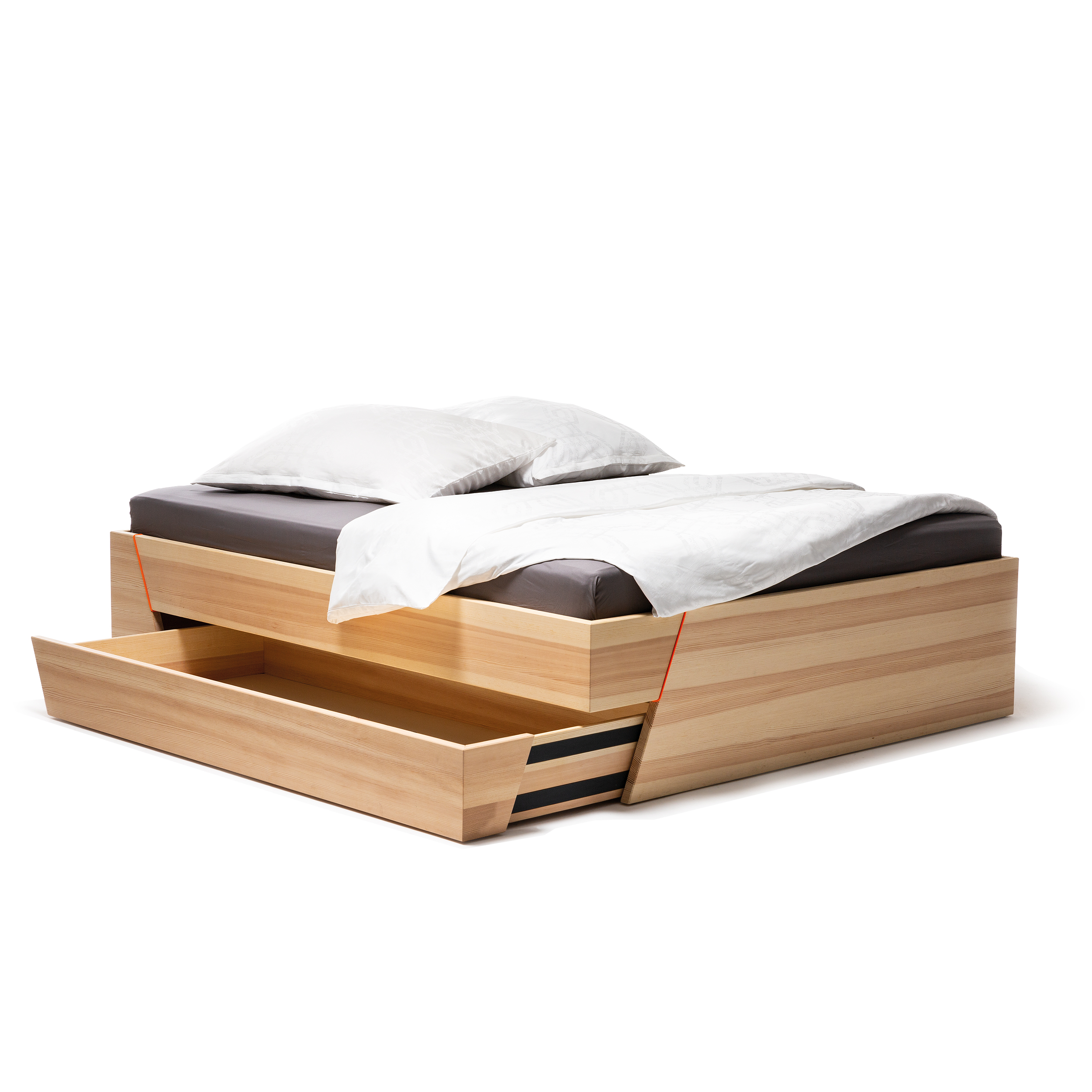 Stauraumbett Massivholz mit Schublade offen